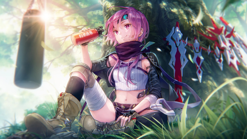 1girl, bandaid, bandaid_on_leg, black_scarf, black_socks, boots, cup, heaven_burns_red
