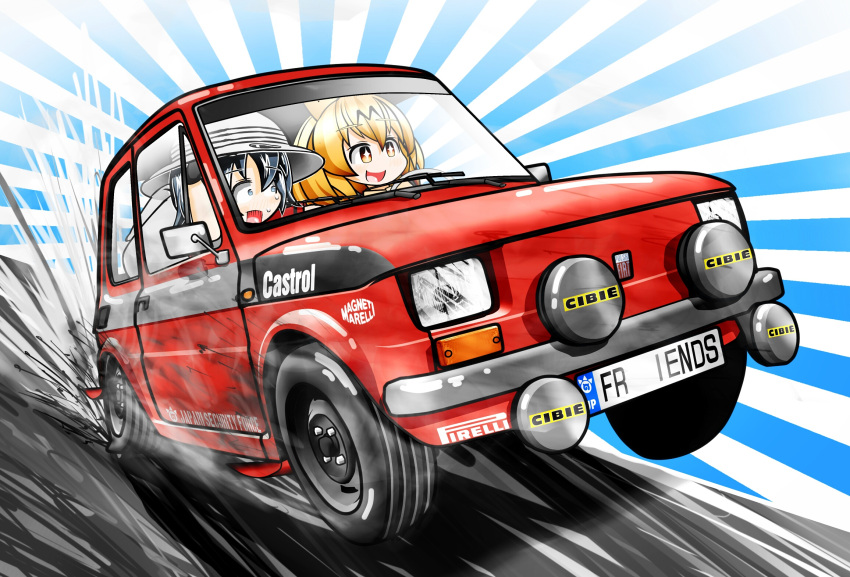 2girls, :d, animal_ears, black_hair, blonde_hair, car, castrol, commentary_request
