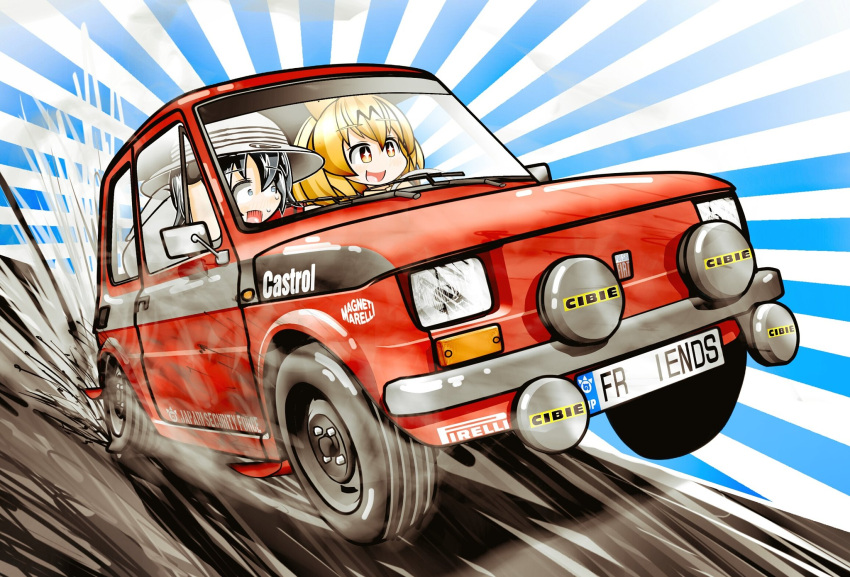 2girls, :d, animal_ears, black_hair, blonde_hair, car, castrol, commentary_request
