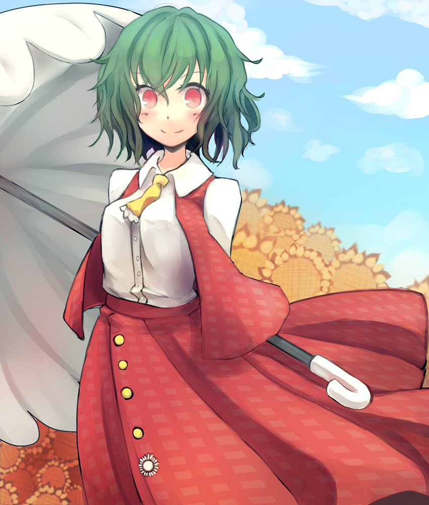 ascot, blush, cloud, flower, flower_field, green_hair, kazami_yuuka, long_skirt, looking_at_viewer, nature, parasol, plaid, plaid_skirt, plaid_vest, red_eyes, sin_(artist), skirt, skirt_set, smile, sunflower, touhou, umbrella, wind