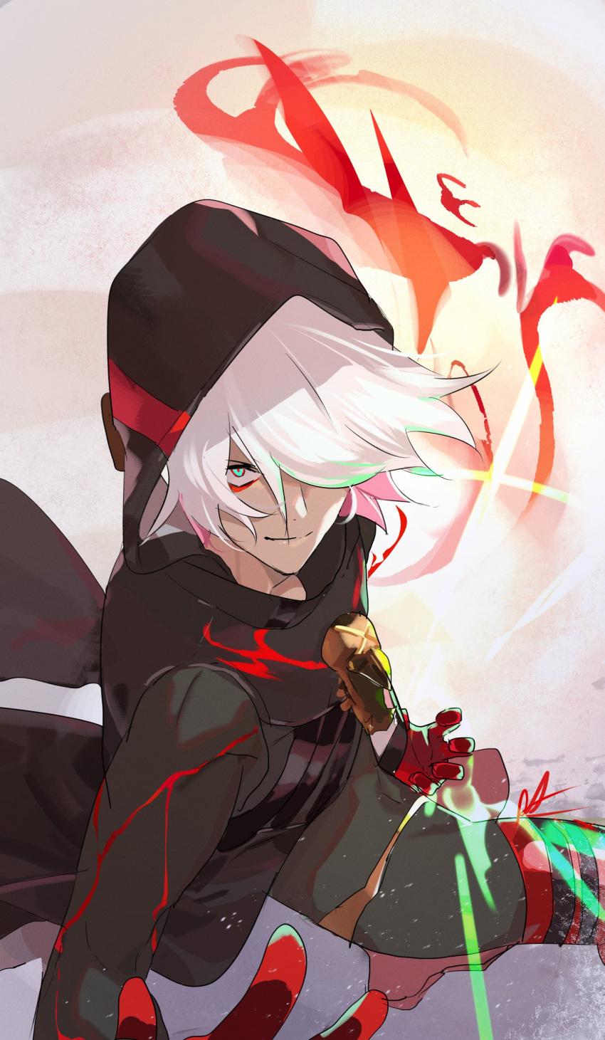 1boy, absurdres, bishounen, black_coat, coat, energy, eyeshadow, fate/grand_order