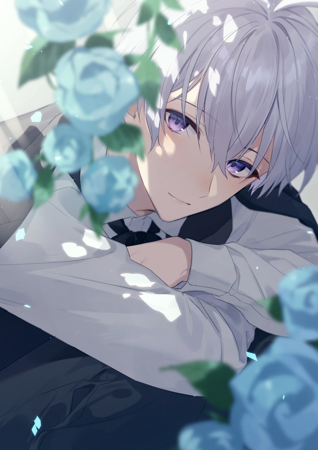 1boy, aiue_o_eiua, black_necktie, black_pants, black_vest, blue_flower, blue_rose, closed_mouth