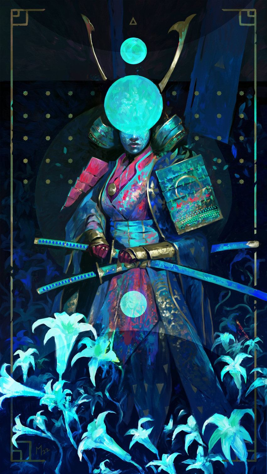 1girl, absurdres, armor, dominik_mayer, flower, helmet, highres, japanese_armor