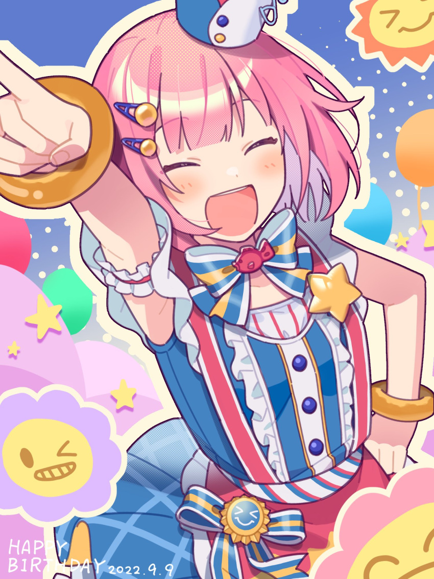 1girl, apron, arm_up, bare_shoulders, blue_bow, blue_bowtie, bow, bowtie, bracelet, buttons, closed_eyes, dated, doughnut, dress, food, frills, hair_ornament, hairclip, happy_birthday, hat, highres, isono_skyk, jewelry, mini_hat, multicolored_clothes, multicolored_dress, ootori_emu, open_mouth, pink_hair, pop_in_my_heart!!_(project_sekai), project_sekai, red_apron, short_hair, smile, smiley_face, solo, star_(symbol)