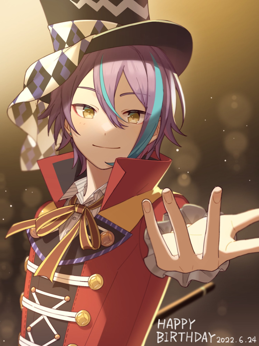 1boy, black_headwear, blue_hair, brown_ribbon, buttons, closed_mouth, collared_shirt, dated