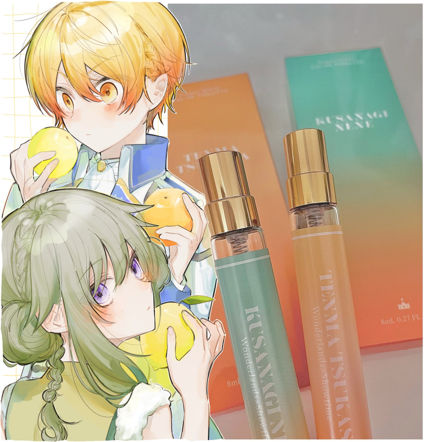 1boy, 1girl, ascot, blonde_hair, blush, bottle, braid, closed_mouth