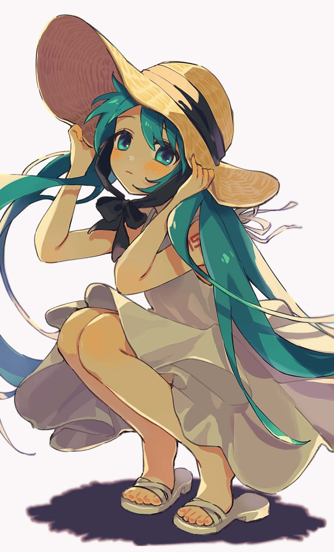 1girl, aqua_eyes, aqua_hair, blush, chin_strap, closed_mouth, commentary, dress