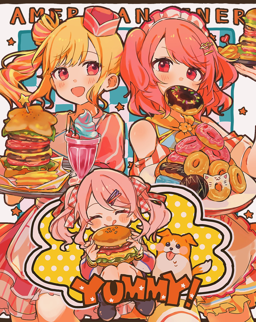 1other, 2girls, akiyama_mizuki, apron, blonde_hair, blush, bow, burger