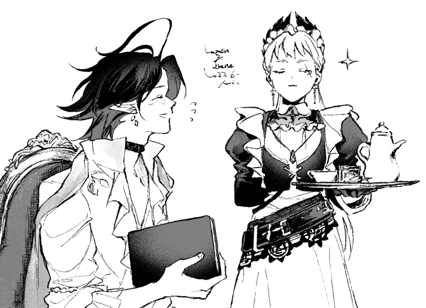 1boy, 1girl, arknights, aw0lowa, belt, blouse, book, closed_eyes, closed_mouth, cup, dress, earrings, greyscale, head_wings, high_ponytail, highres, holding, holding_book, holding_tray, irene_(arknights), irene_(voyage_of_feathers)_(arknights), jewelry, juliet_sleeves, long_hair, long_sleeves, lumen_(arknights), lumen_(golden_dream)_(arknights), maid, maid_headdress, monochrome, necklace, pointy_ears, puffy_sleeves, shirt, sparkle, teacup, teapot, tray, very_long_hair, wings