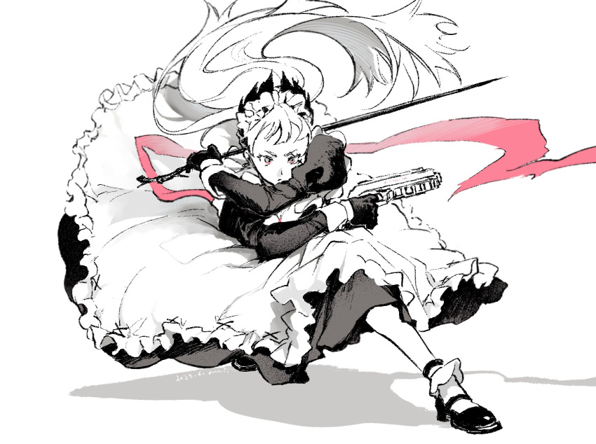 1girl, apron, arknights, aw0lowa, fighting_stance, floating_hair, gloves, greyscale