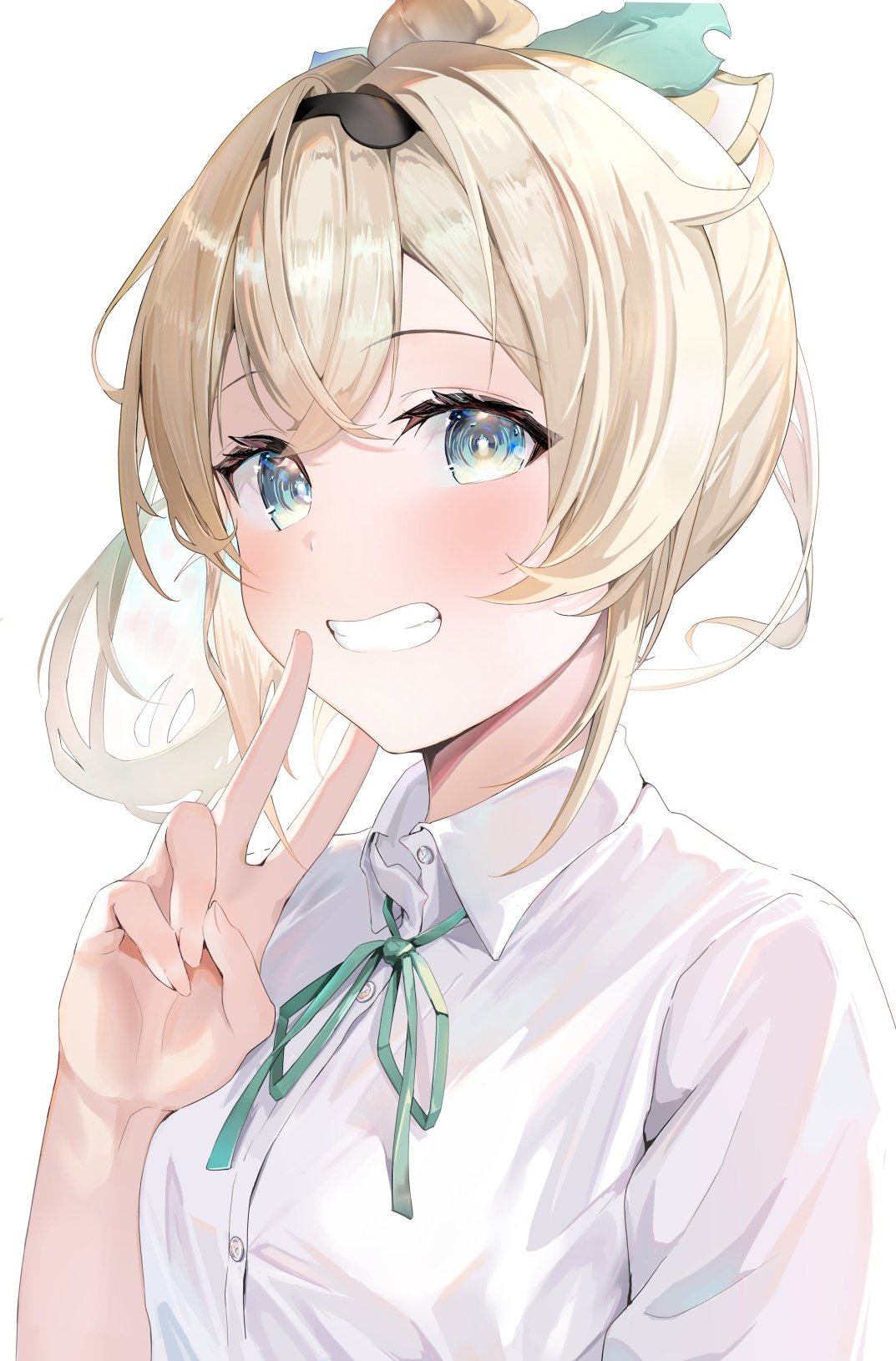 1girl, aqua_eyes, blonde_hair, bow, bowtie, green_bow, green_bowtie, grin, highres, hololive, kazama_iroha, ponytail, shirt, smile, v, virtual_youtuber, white_background, white_shirt, yugu_lemon