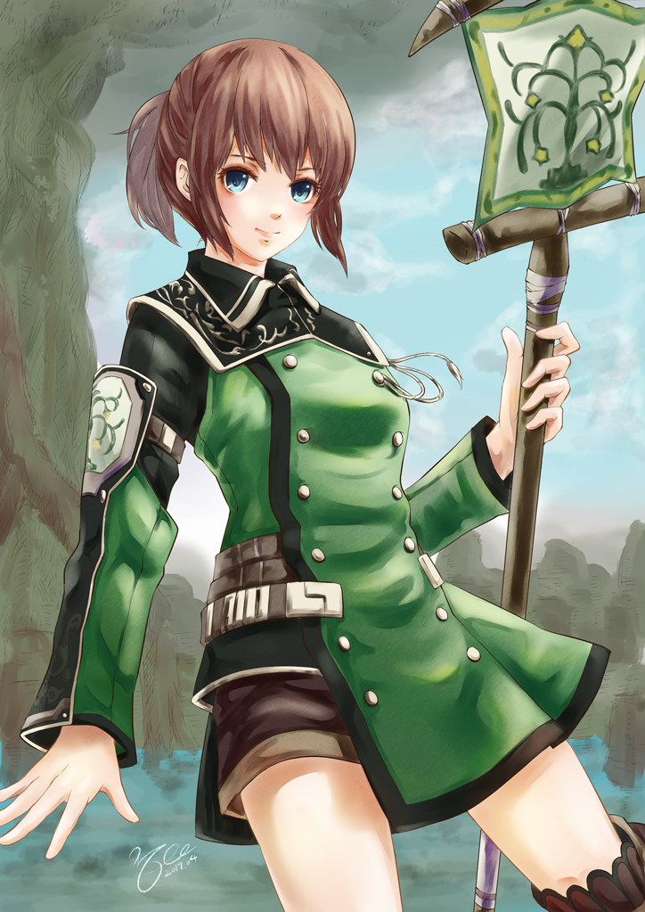 1girl, 2019, adventurer_(ff11), artist_name, banner, blue_eyes, brown_hair, brown_shorts, buttons, closed_mouth, dated, final_fantasy, final_fantasy_xi, holding, hume, in-universe_location, long_sleeves, morere, pink_lips, ponytail, short_hair, shorts, signature, smile, solo, tree, windurst