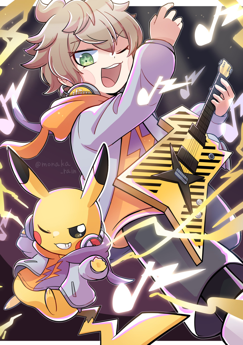 1boy, ;d, absurdres, arm_up, black_pants, blonde_hair, commentary_request, crossover