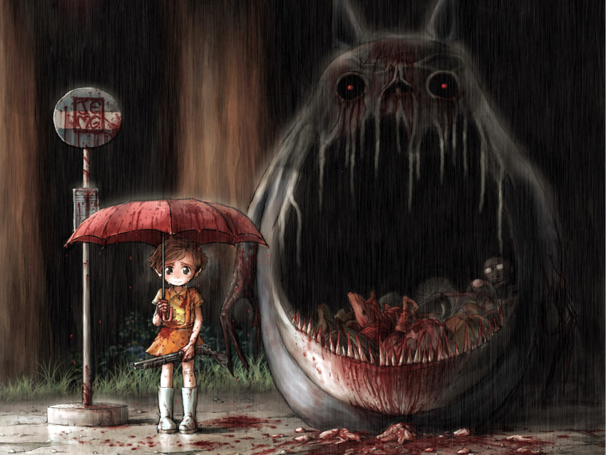 bus_stop, corpse, dark, death, demon, dress, duplicate, ghibli, glasses, glowing, glowing_eyes, grass, gun, guts, highres, j-e-m-g, kusakabe_mei, kusakabe_satsuki, monster, my_neighbor_totoro, night, parody, rain, red_eyes, sawed-off_shotgun, shotgun, sign, studio_ghibli, tears, teeth, tonari_no_totoro, totoro, umbrella, wallpaper, weapon
