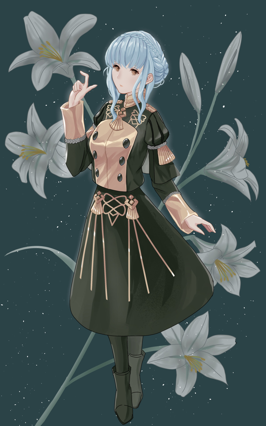 1girl, absurdres, blue_hair, braid, brown_eyes, crown_braid, dangouo_ty, dark_green_background