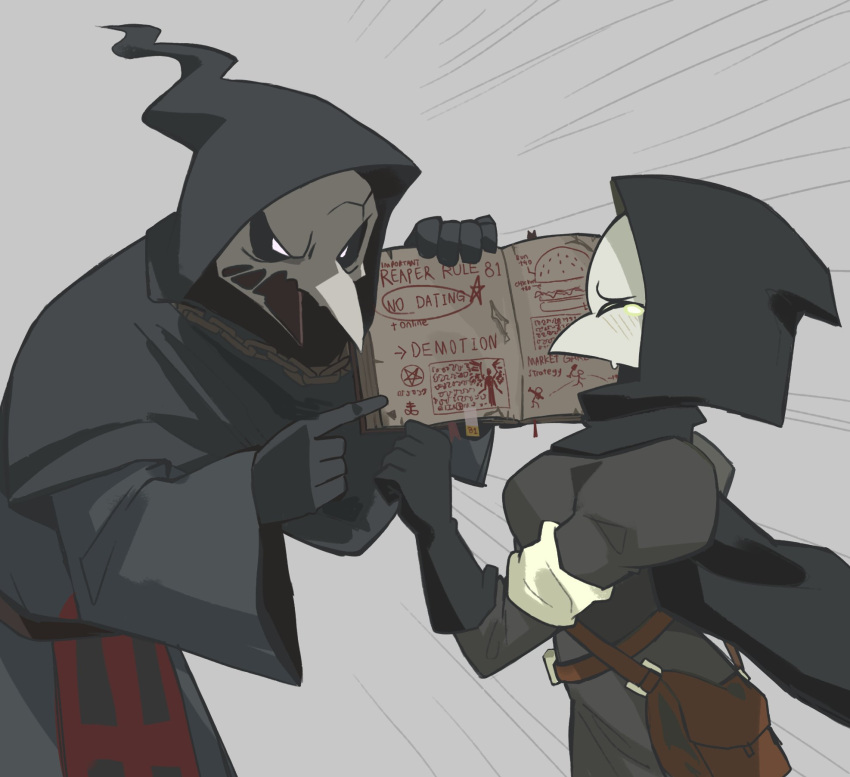 1boy, 1girl, angry, black_cape, black_gloves, black_hood, black_sclera, blush