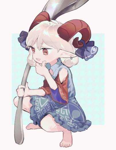 1girl, arolayukomori, barefoot, blue_dress, blue_ribbon, curled_horns, dress, earrings