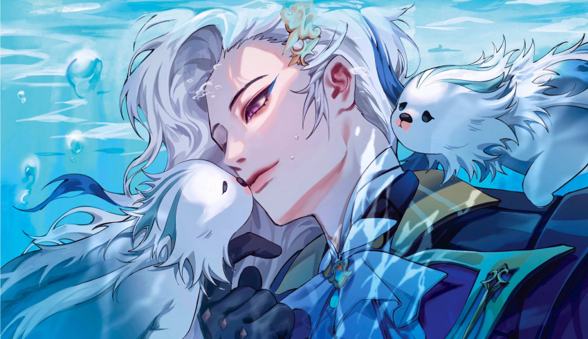 1boy, air_bubble, animal, ascot, black_bow, black_coat, black_gloves, blue_coat, blue_gloves, blue_hair, bow, brooch, bubble, closed_mouth, coat, floating_hair, genshin_impact, gloves, gold_trim, hair_between_eyes, hair_bow, hair_ornament, highres, jewelry, lapels, leisurely_otter_(genshin_impact), light_smile, long_hair, long_sleeves, male_focus, multicolored_hair, neuvillette_(genshin_impact), otter, parted_bangs, riotsuji, sidelocks, solo, streaked_hair, swimming, underwater, upper_body, very_long_hair, violet_eyes, watermark, white_ascot, white_hair