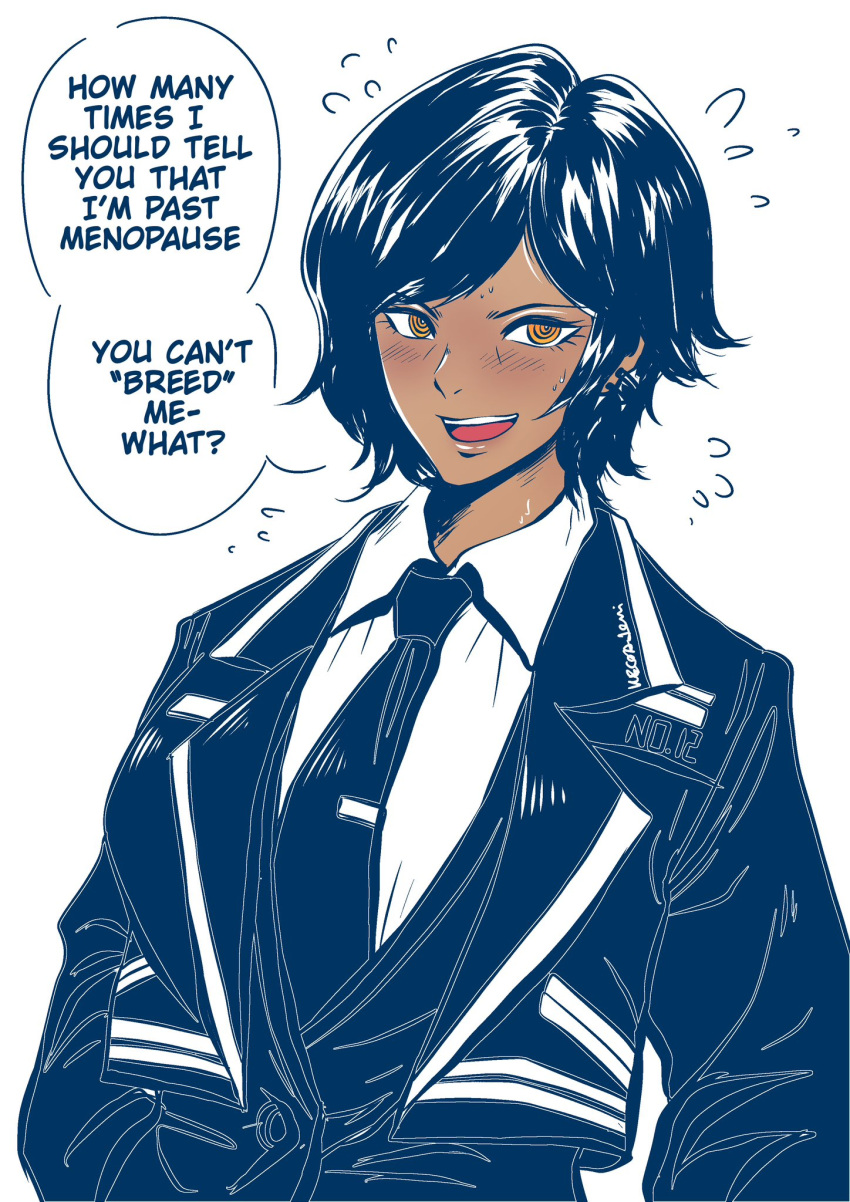 1girl, @_@, blush, brown_eyes, collared_shirt, dark-skinned_female, dark_skin, embarrassed