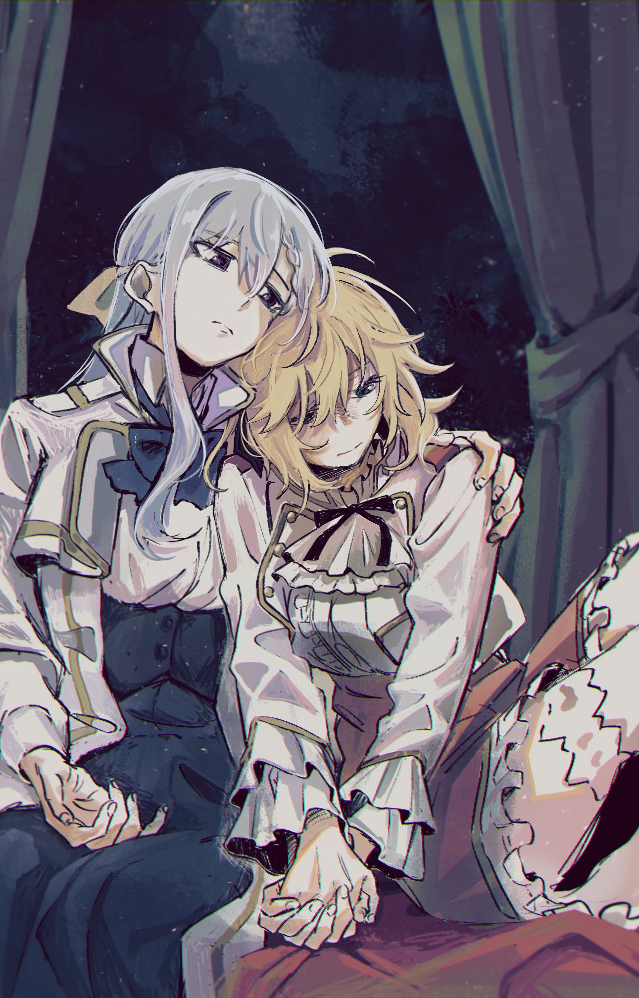 2girls, anisphia_wynn_palettia, ascot, blonde_hair, blue_bow, blue_bowtie, blue_skirt, bow