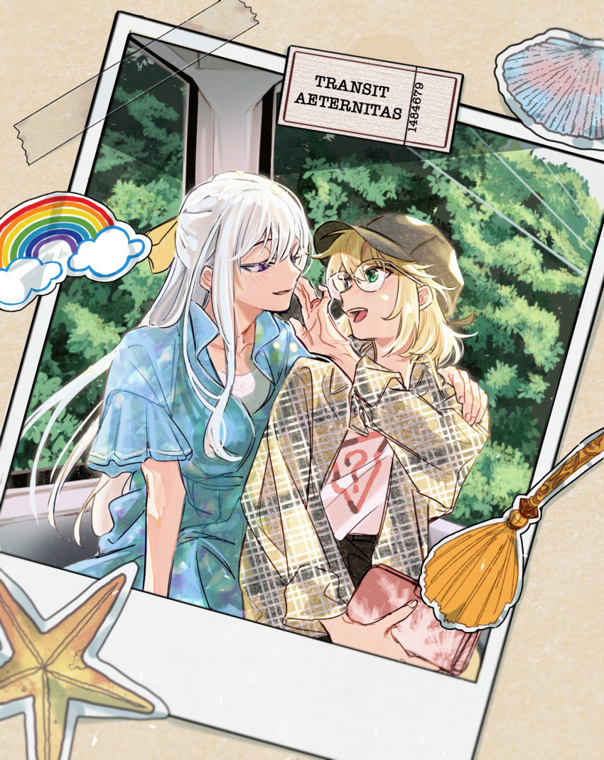 2girls, anisphia_wynn_palettia, bag, baseball_cap, black_headwear, blonde_hair, blue_dress, broom