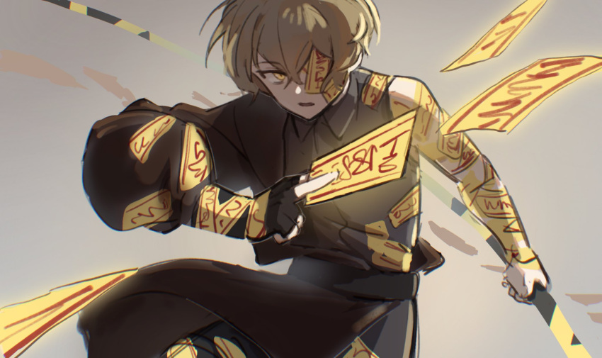 1boy, belt, black_belt, black_gloves, blonde_hair, brown_coat, brown_shirt, coat, collared_shirt, e.g.o_(project_moon), fingerless_gloves, gloves, highres, holding, holding_staff, limbus_company, looking_at_viewer, male_focus, ofuda, parted_lips, project_moon, shiqicheng, shirt, sinclair_(limbus_company), single_glove, single_sleeve, sleeveless, sleeveless_shirt, solo, staff, yellow_eyes