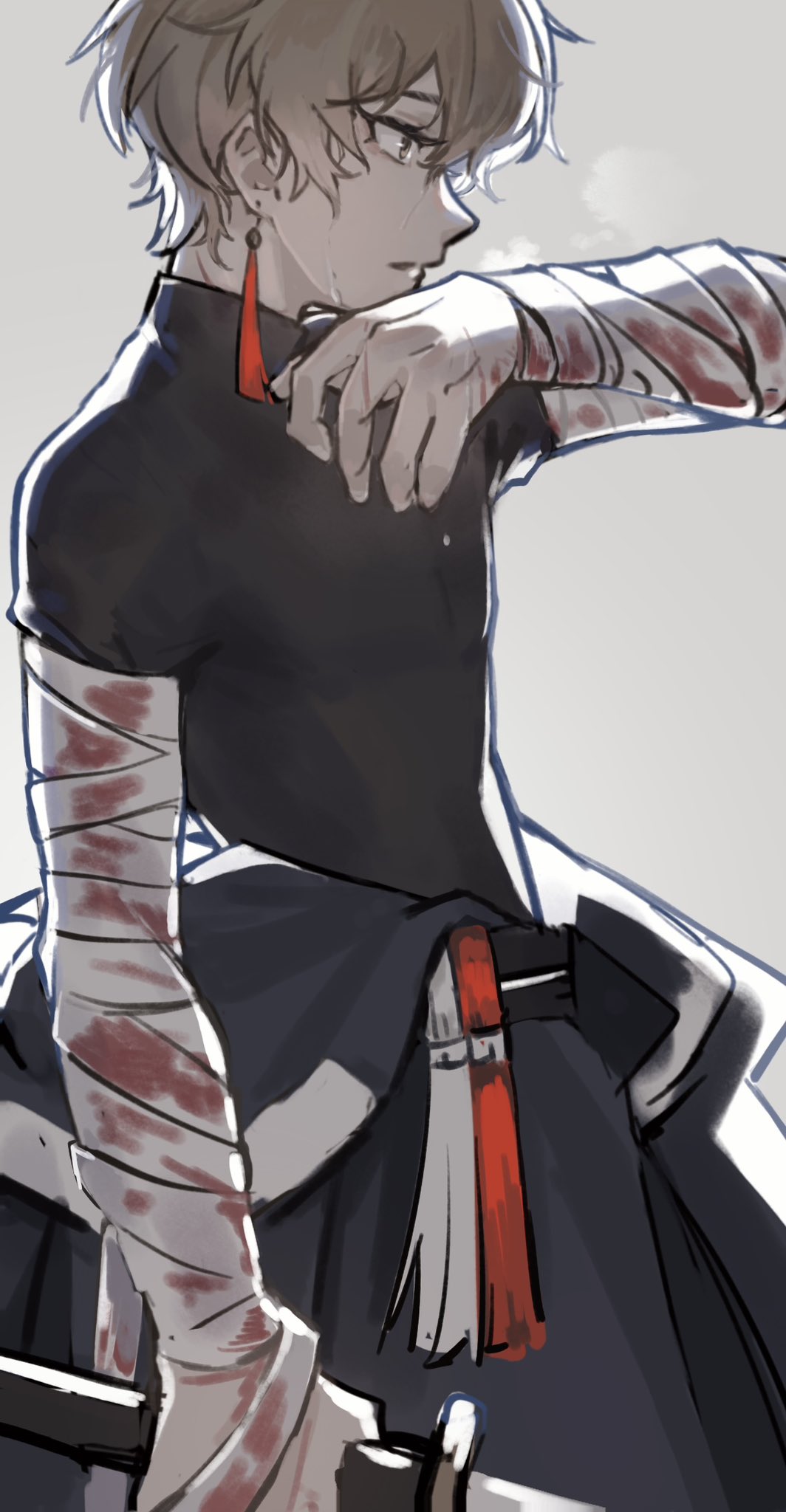1boy, arm_up, bandaged_arm, bandages, black_kimono, black_shirt, blonde_hair, blood