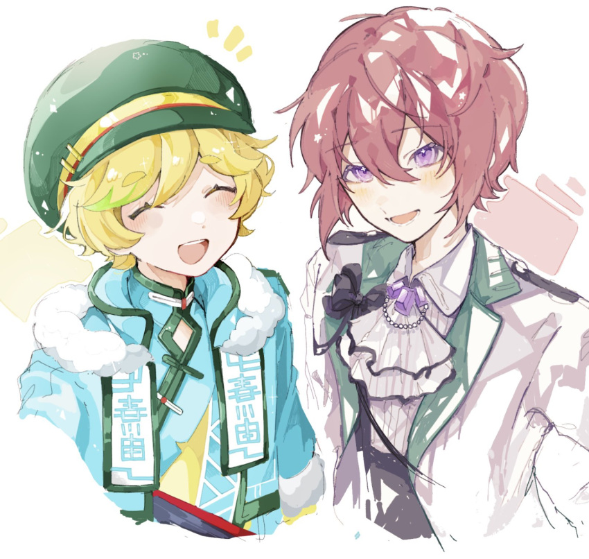 2boys, ascot, blonde_hair, blue_jacket, blue_shirt, blush, closed_eyes, daifugo_happy