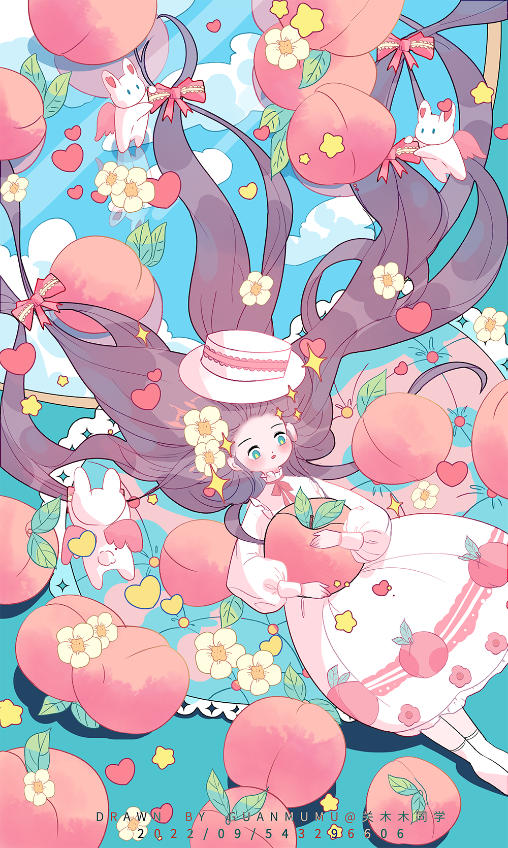 1girl, absurdly_long_hair, aqua_background, artist_name, blue_eyes, blue_sky, bow, brown_hair