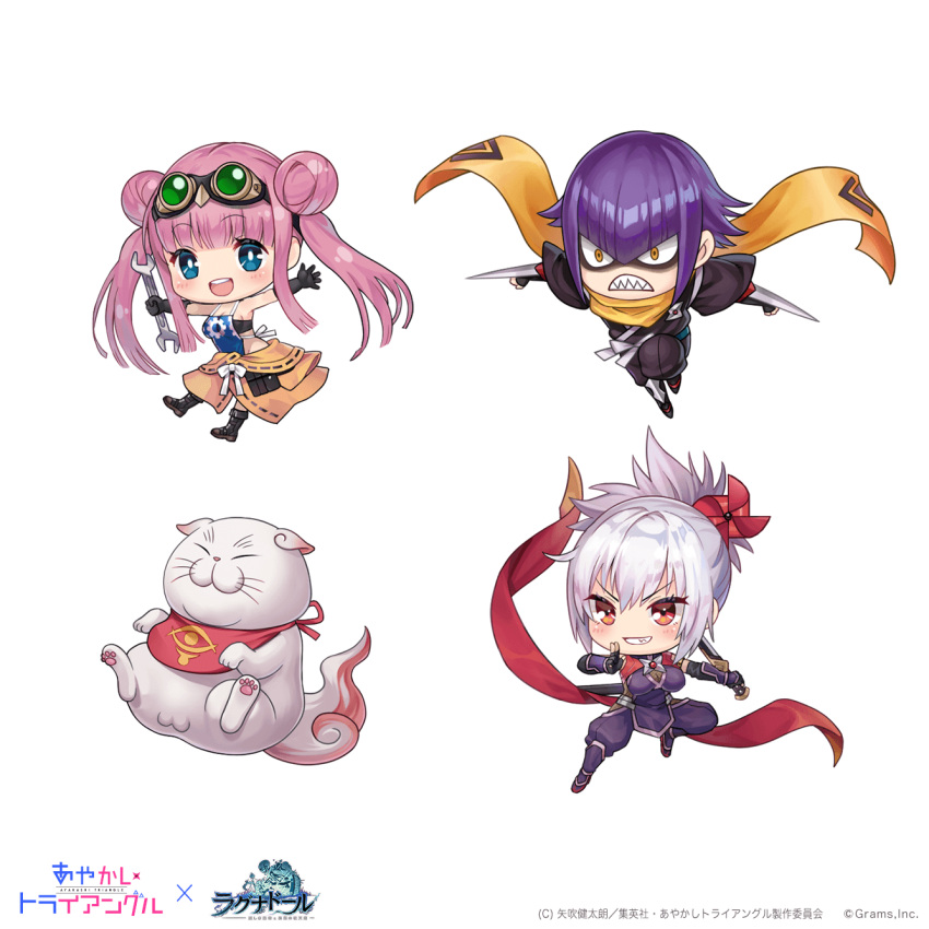 1boy, 1other, 2girls, artist_request, ayakashi_triangle, black_gloves, blue_eyes, bodysuit