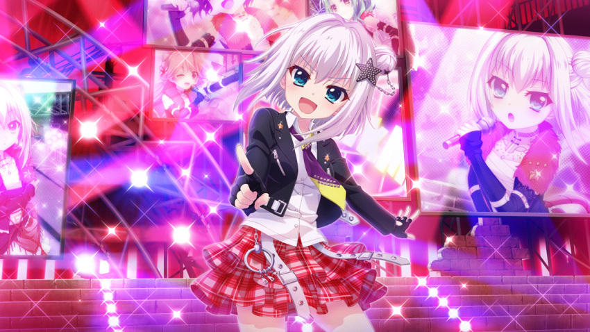 4girls, bandou_mikuru, belt, black_gloves, black_jacket, black_sleeves, black_vest, blue_eyes