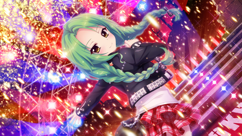 1girl, black_jacket, brick_wall, broken_wall, closed_mouth, colored_lights, concert, dot_nose