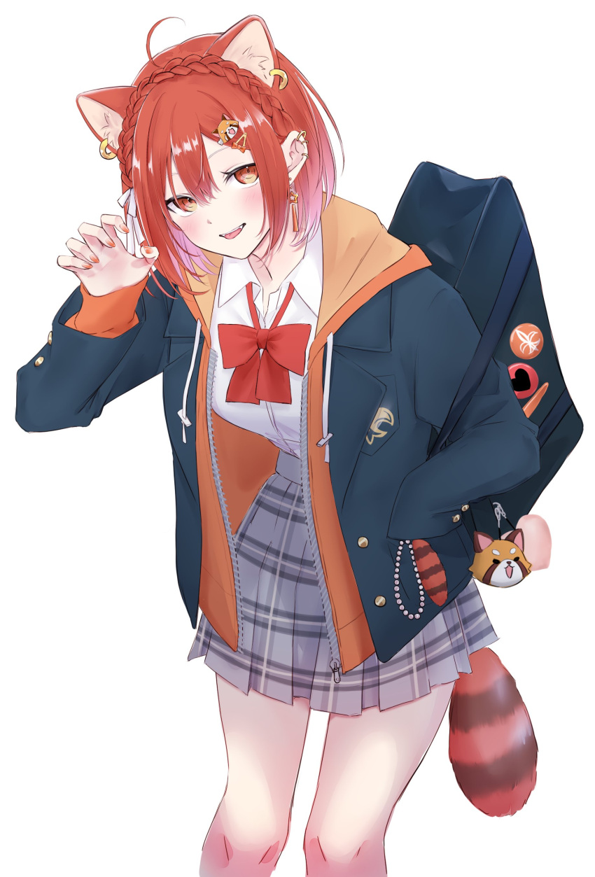 1girl, absurdres, animal_ear_fluff, animal_ear_piercing, animal_ears, animal_print, aoyashio_rin, bag