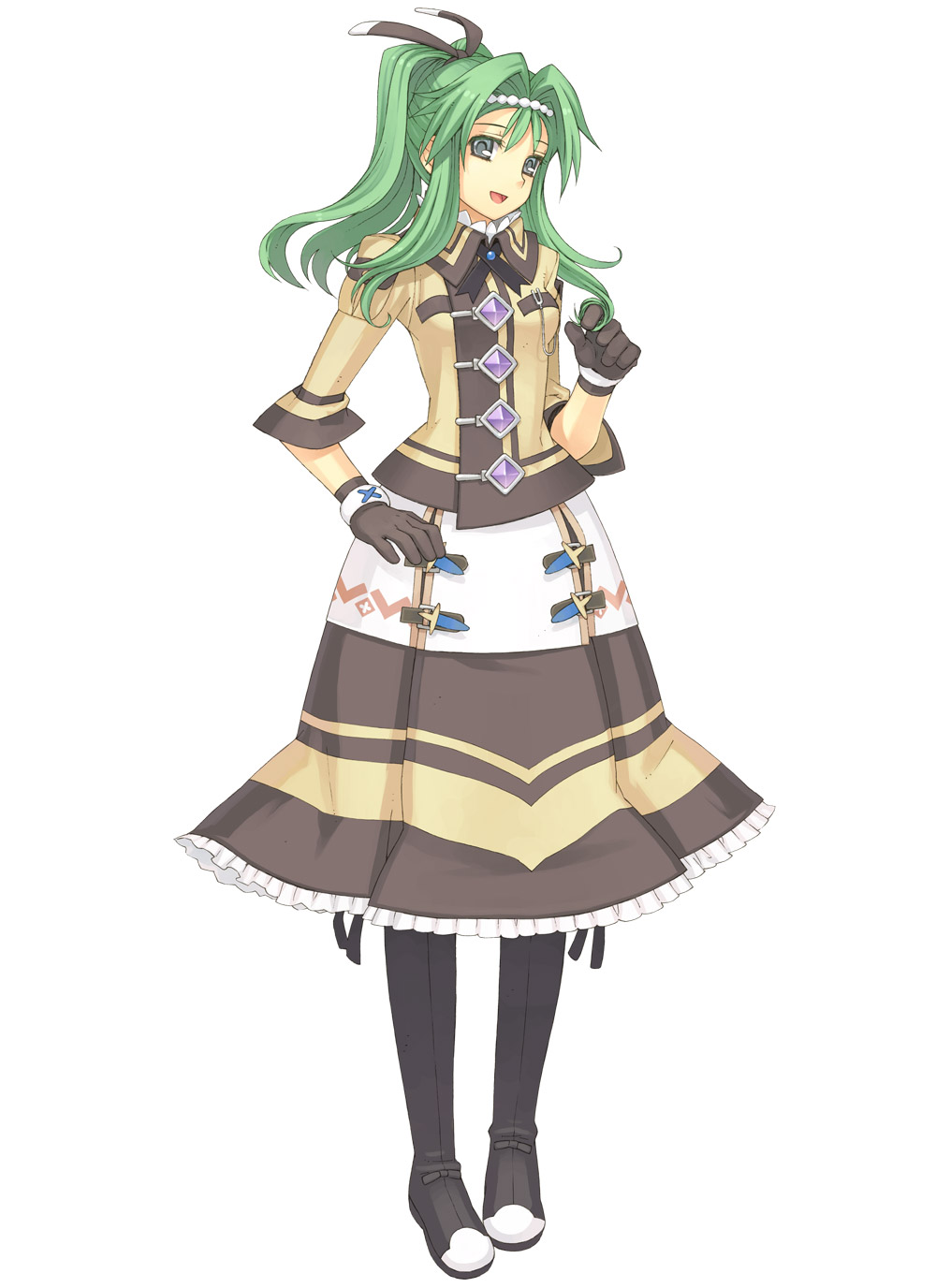 :d, atelier, atelier_(series), atelier_lise_alchemist_of_ordre, bangs, black_legwear, blue_eyes, boots, circlet, dress, flat_chest, frilled_skirt, frills, gem, gloves, green_eyes, green_hair, gust, hair_between_eyes, hair_ribbon, hair_twirling, hairband, high_ponytail, highres, hilda_(atelier), long_hair, long_skirt, looking_at_viewer, necktie, official_art, open_mouth, payot, pleated_skirt, ponytail, ribbon, simple_background, skirt, smile, solo, standing, strap, thigh_boots, thighhighs, turtleneck, watanuki_nao, white_background
