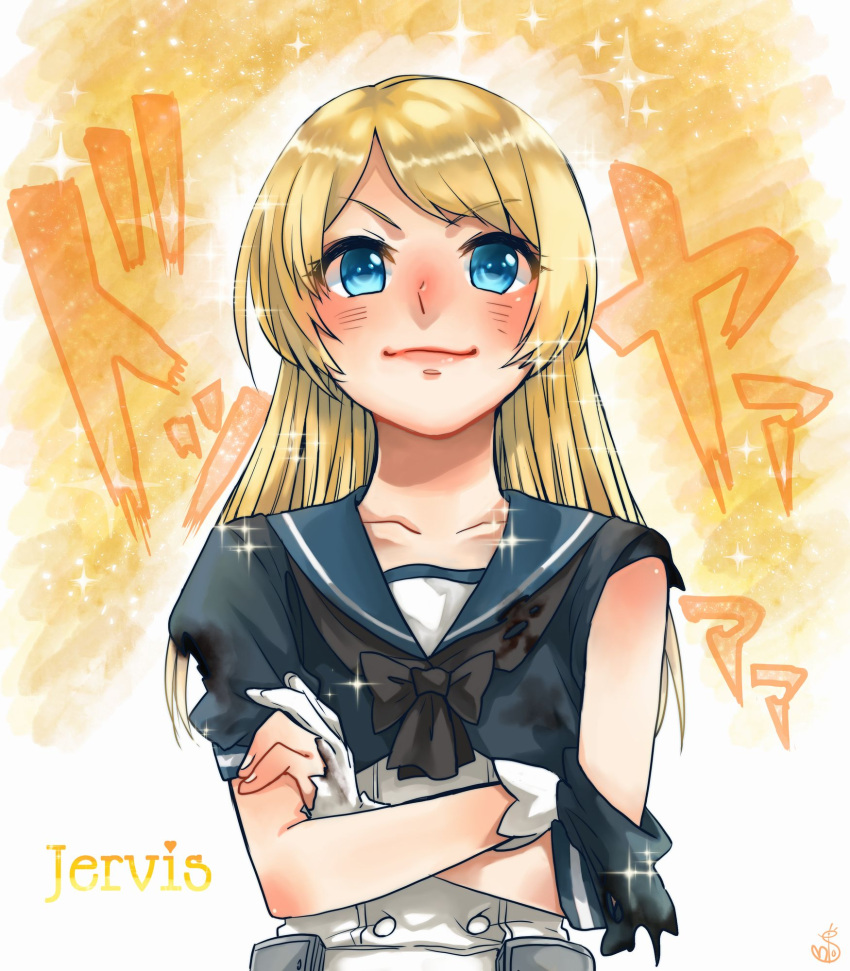 1girl, black_necktie, blonde_hair, blue_eyes, blue_sailor_collar, blush, character_name, crossed_arms, doyagao, dress, gloves, gunbuster_pose, highres, jervis_(kancolle), kantai_collection, long_hair, looking_at_viewer, neckerchief, necktie, oeoeuhoho, sailor_collar, sailor_dress, short_sleeves, simple_background, smug, solo, sparkle, straight-on, torn_clothes, torn_dress, torn_gloves, upper_body, white_gloves