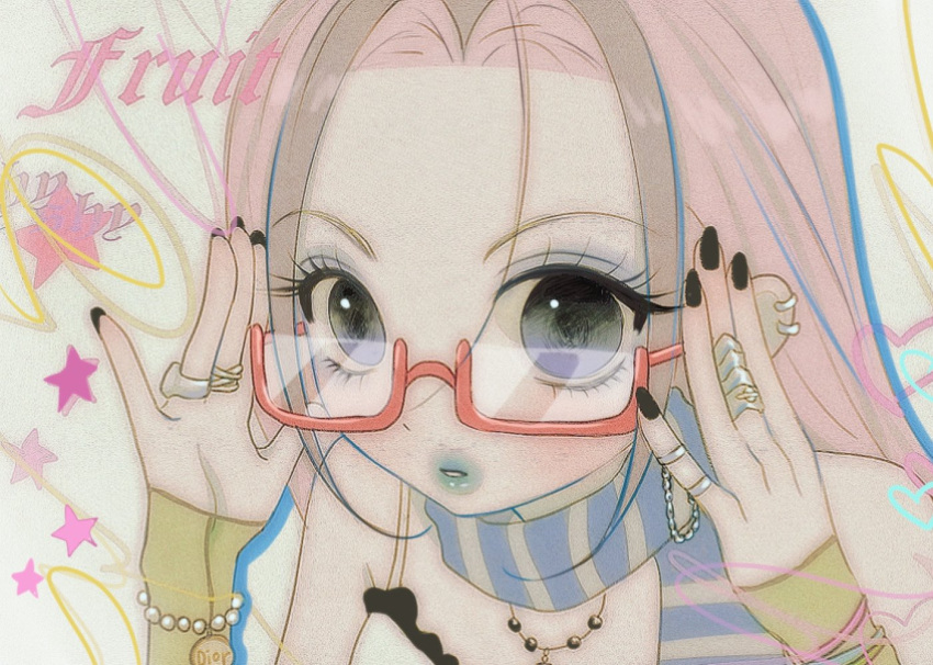1girl, black_nails, blue_eyes, blue_eyeshadow, blue_hair, blue_lips, blue_scarf, bra