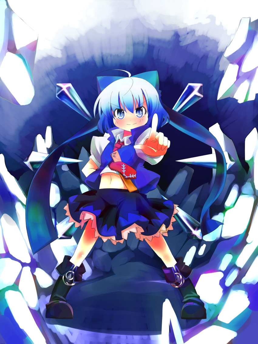 absurdres, alternate_costume, blue_eyes, blue_hair, boots, bow, cirno, gojuuroku