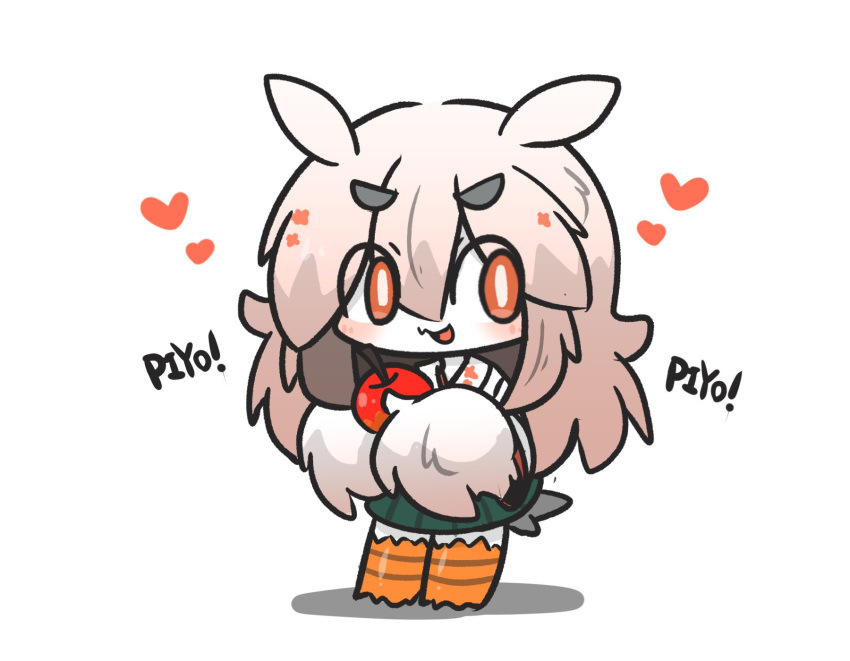 1girl, apple, blush, brown_hair, chibi, commentary_request, food, fruit, full_body, gradient_hair, hair_between_eyes, harpy, heart, highres, holding, holding_food, holding_fruit, long_hair, monster_girl, multicolored_hair, open_mouth, orange_eyes, original, red_apple, shadow, short_eyebrows, simple_background, solo, standing, thick_eyebrows, uni_souchou, very_long_hair, white_background, winged_arms, wings