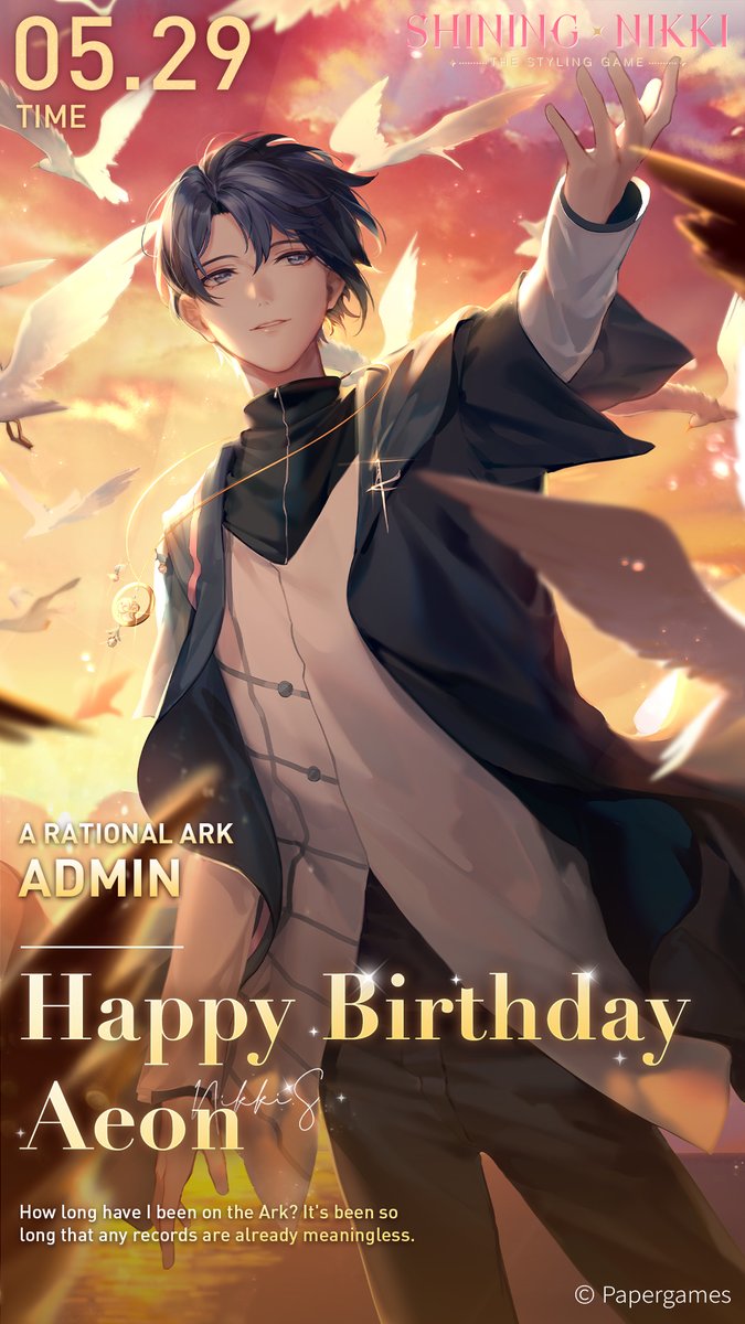 1boy, aeon_(shining_nikki), bird, black_jacket, blue_eyes, blue_hair, brown_pants, clouds, copyright_name, dove, dusk, english_commentary, english_text, happy_birthday, highres, jacket, official_art, outdoors, pants, parted_lips, shining_nikki, shirt, short_hair, teeth, timestamp, white_shirt, wind