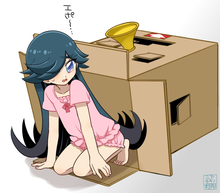 1girl, barefoot, blue_eyes, blush, box, cardboard_box, hair_over_one_eye, kamijou_ehoko, kneeling, long_hair, looking_at_viewer, megaphone, multicolored_hair, nightgown, on_floor, open_mouth, pink_nightgown, sleepwear, sweatdrop, two-tone_hair, very_long_hair, white_background, yhx5f2kuond0ddi, yu-gi-oh!, yu-gi-oh!_go_rush!!