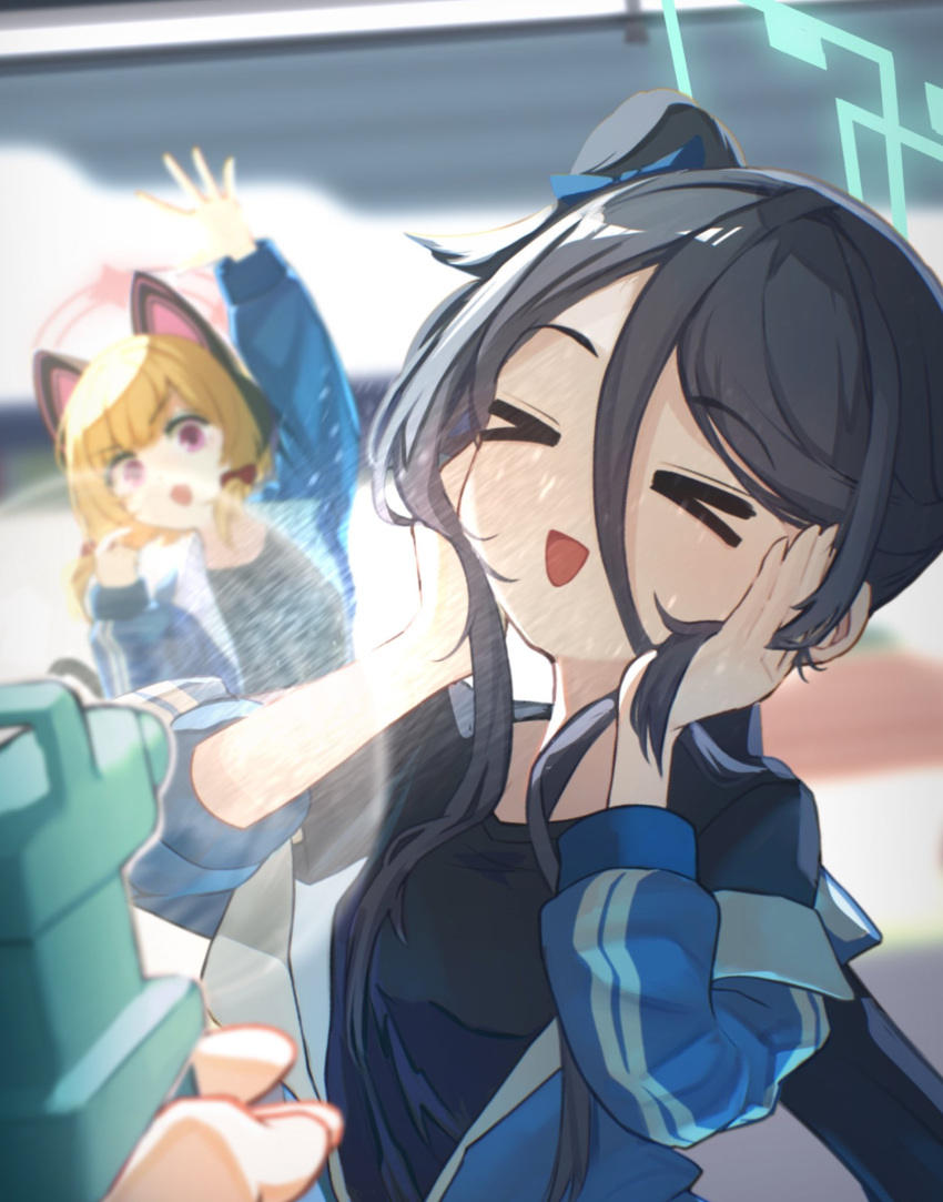 >_<, 1other, 2girls, :d, animal_ear_headphones, animal_ears, aris_(blue_archive), arm_up