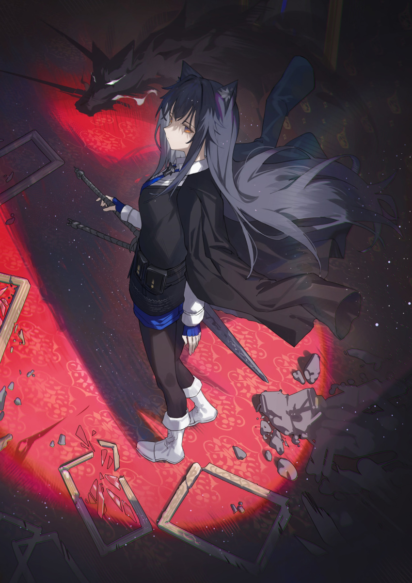 1girl, absurdres, animal_ears, ankle_boots, arknights, arm_at_side, black_coat, black_hair