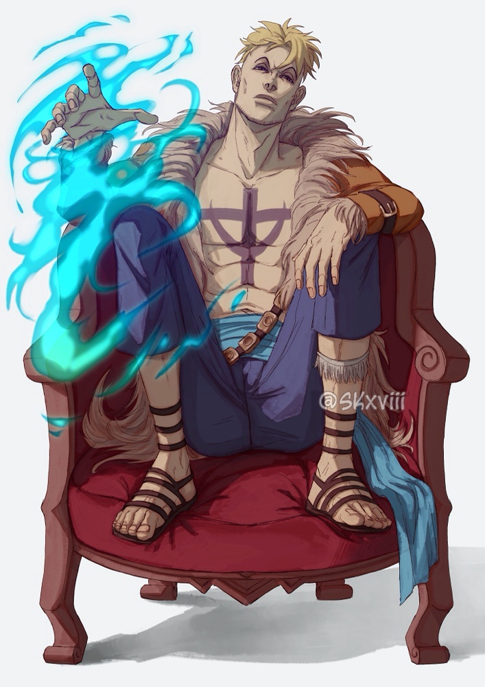 1boy, anchor_tattoo, armchair, artist_name, bare_pectorals, blonde_hair, blue_fire, chair