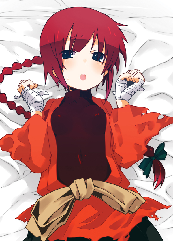 bed, blue_eyes, bodysuit, braid, jin_(crocus), lying, monk_(sekaiju), navel, ponytail, red_hair, redhead, sekaiju_no_meikyuu, sekaiju_no_meikyuu_3