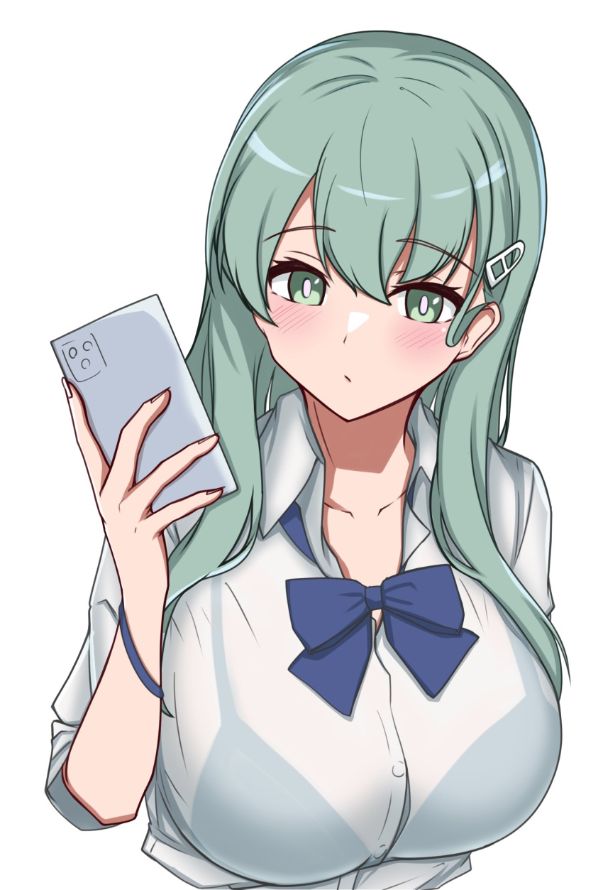 1girl, aqua_hair, blue_bow, blue_bowtie, bow, bowtie, breasts, cellphone