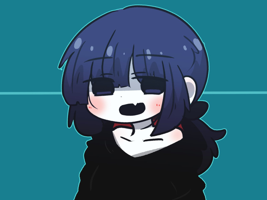 1girl, :d, black_shirt, blue_background, blush, collarbone, commentary_request, fang