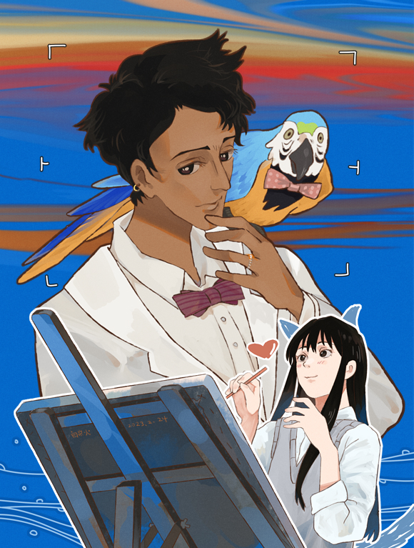 1boy, 1girl, animal_on_shoulder, bird, black_hair, blue_background, bow, bowtie