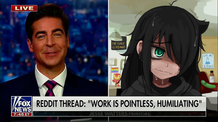 1girl, black_hair, black_hoodie, fox_news, green_eyes, hood, hoodie, iron_man