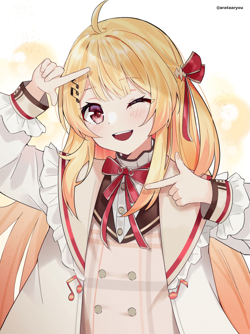 1girl, ahoge, arata_ryou, blonde_hair, blush, brown_dress, dress, hair_ornament