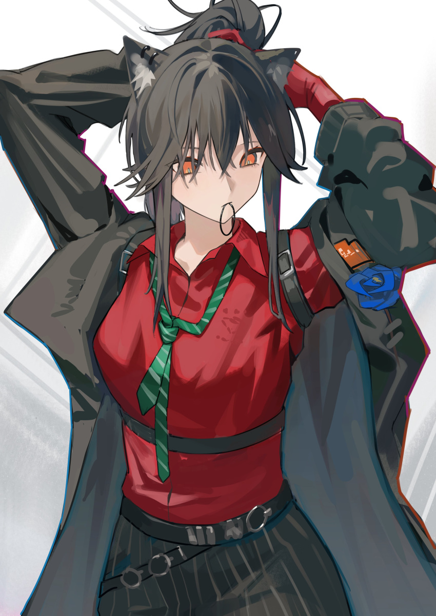 1girl, absurdres, adjusting_hair, alternate_hairstyle, animal_ears, arknights, black_coat, breasts